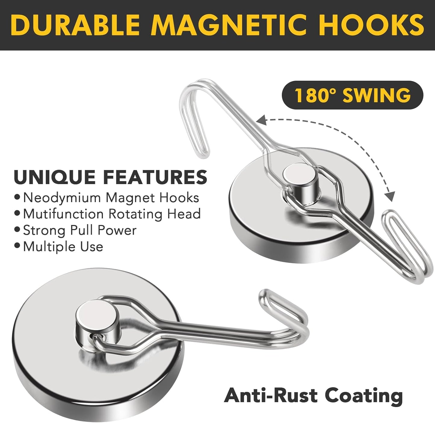 MIKEDE 120LB Magnetic Hooks, Neodymium Magnet Hooks for Hanging, Swivel Swing Magnetic Hook Heavy Duty, Strong Magnet with Hooks for Cruise, Kitchen, Camping, Door, Locker - 2 Pack