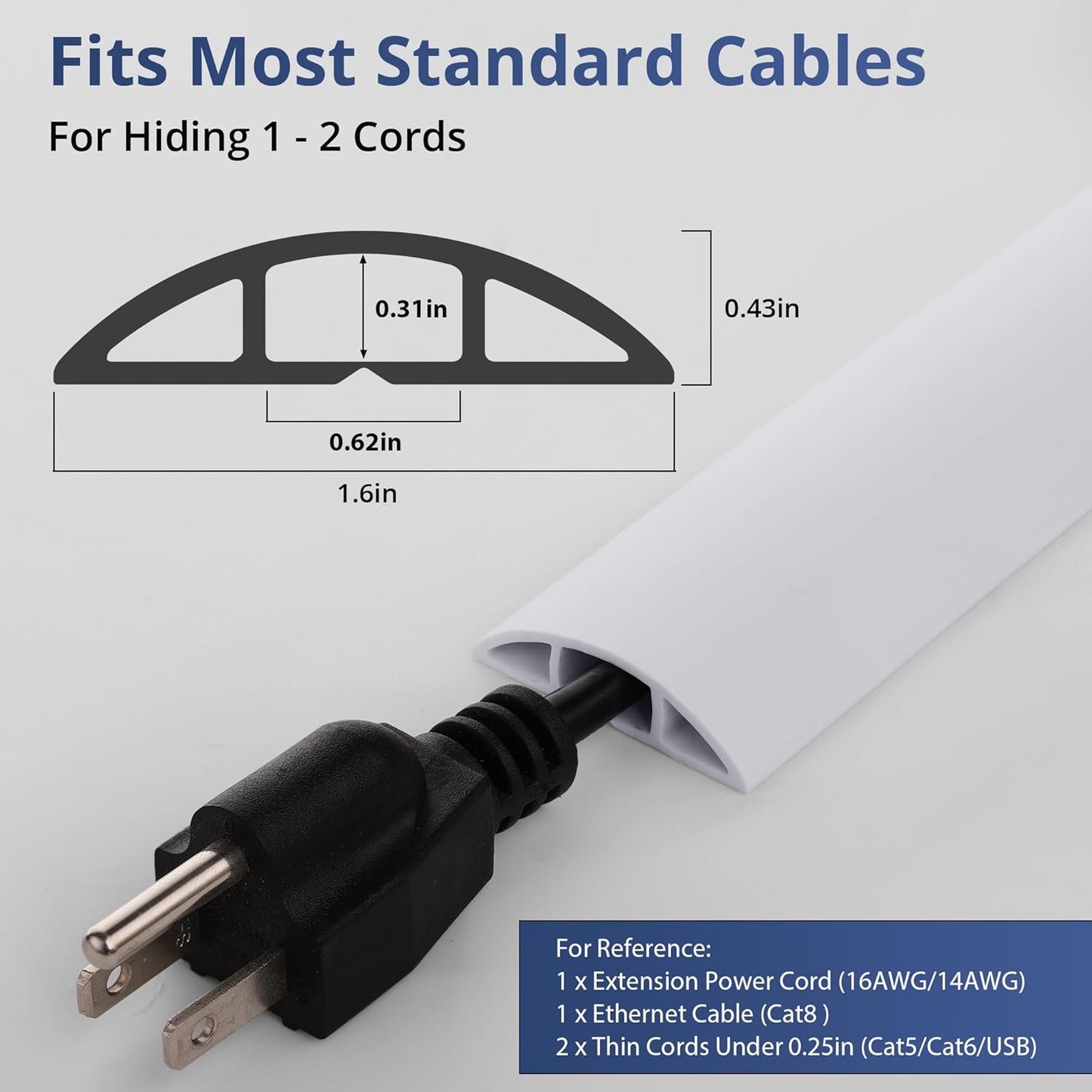 ZhiYo 5.6ft Cord Covers for Wires on Floor, Cord Hider Floor Hide Extension Cords, Soft PVC Cable Cover Cable Protector, Wire Cavity W0.62in H0.31in, White