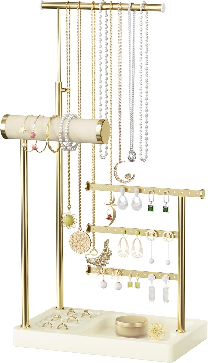 SZQINJI 5 Tier Jewelry Holder Organizer, Gold Jewelry Stand with Velvet Bracelet Holder, Adjustable Height Jewelry Display for Necklaces, Bracelets, Earrings, Rings, Gift Idea for Women, Beige