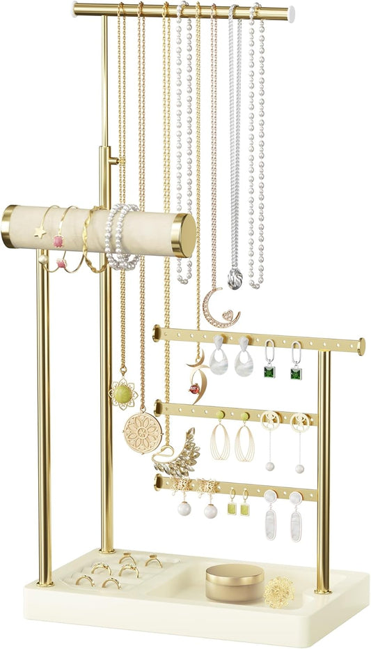 SZQINJI 5 Tier Jewelry Holder Organizer, Gold Jewelry Stand with Velvet Bracelet Holder, Adjustable Height Jewelry Display for Necklaces, Bracelets, Earrings, Rings, Gift Idea for Women, Beige