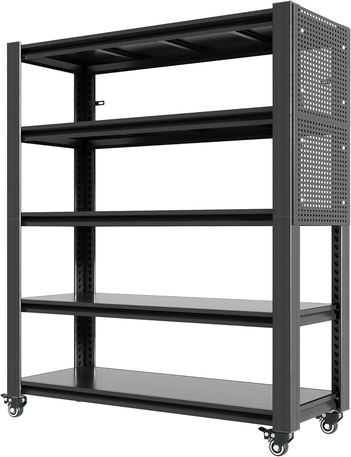 72" H 5 Tier Adjustable Shelving Unit with Pegboard & Wheels - Heavy Duty Metal Storage Rack for Garage, Warehouse, Office - 2000LB Capacity, Tool-Free Assembly (23.6" D x 47.2" W)