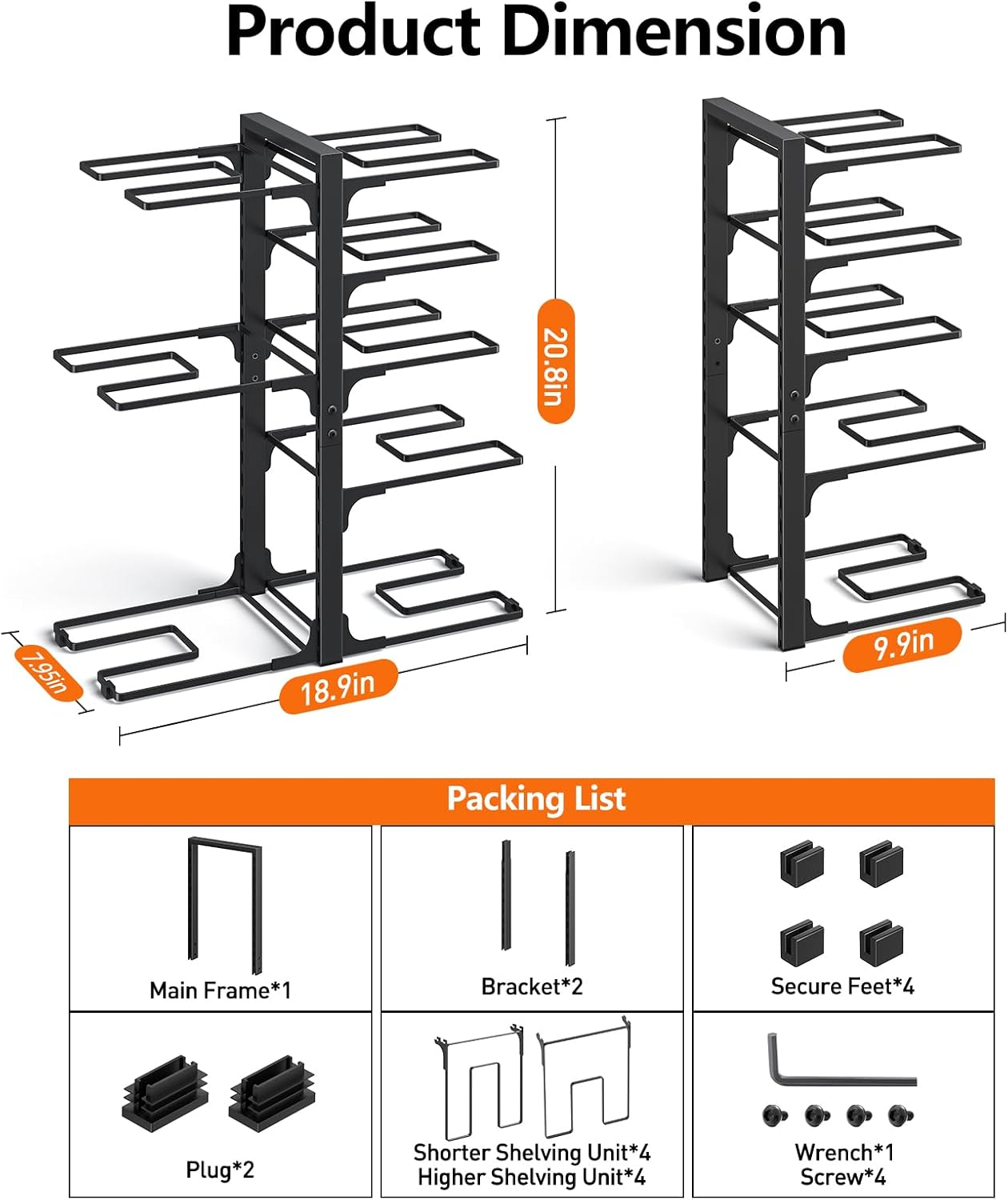 MUDEELA Pots and Pans Organizer under Cabinet 20.8" Height, Heavy Duty Adjustable Pot Pan Organizers inside Cabinet, 8-Tier Kitchen Cabinet Organizers and Storage for Big Stockpots, Heavy Cookware