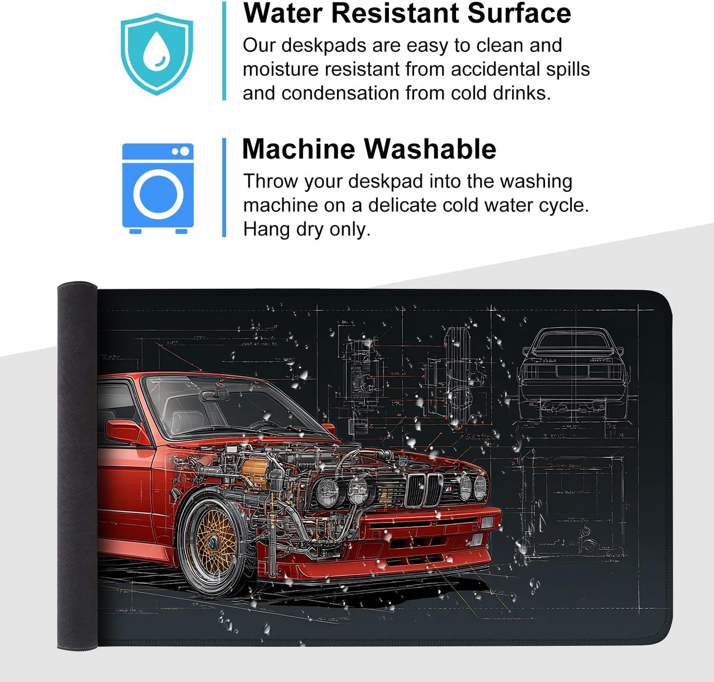 Retro Car Blueprint Mouse Pad – Large Extended Desk Mat 35.43 x 15.75 in – Classic Red Tuner Car Cutaway with Engine Diagram, Waterproof Surface, Non-Slip Rubber Base, Keyboard & Mouse Pad