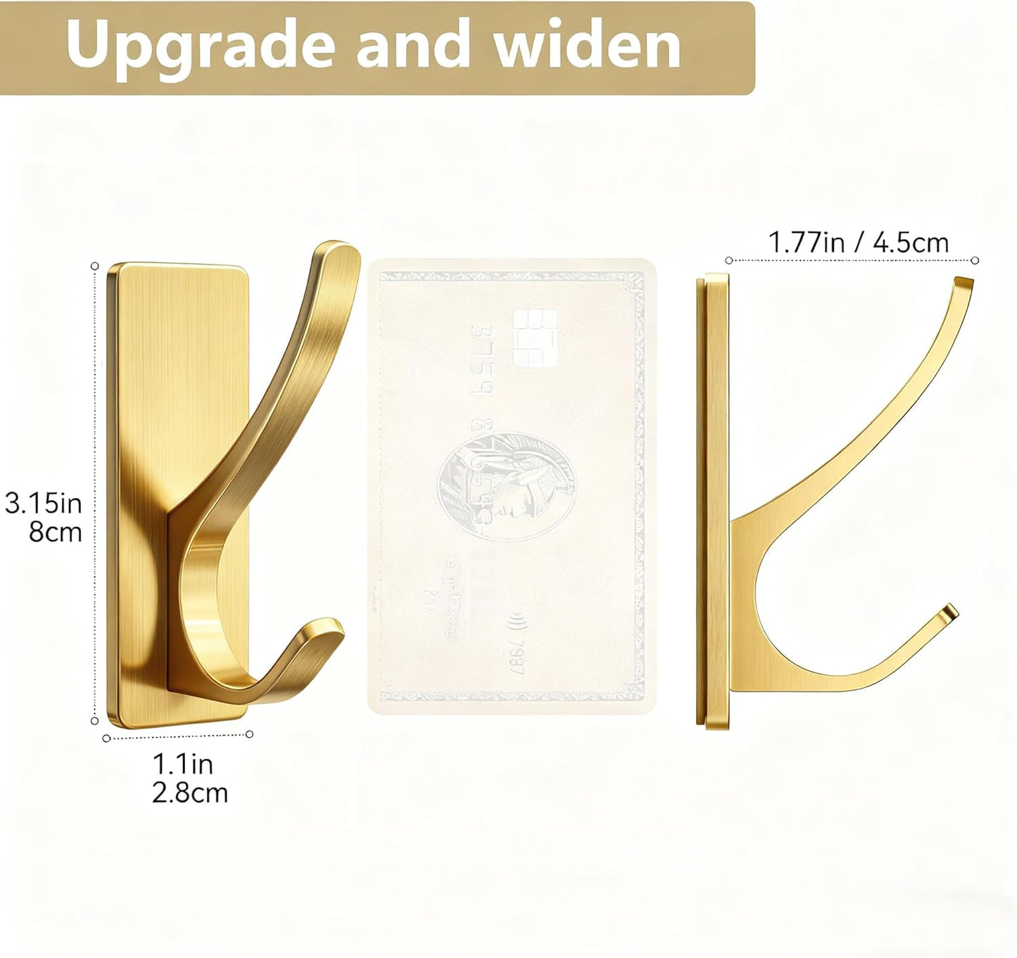 10 Pack Self Adhesive Coat Hooks for Hanging, Heavy Duty Stainless Double Wall Hook for Towel, Backpack, Hat, Sturdy Metal Hanger for Bathroom, Bedroom, Door, Wall Mounted, Brushed Gold
