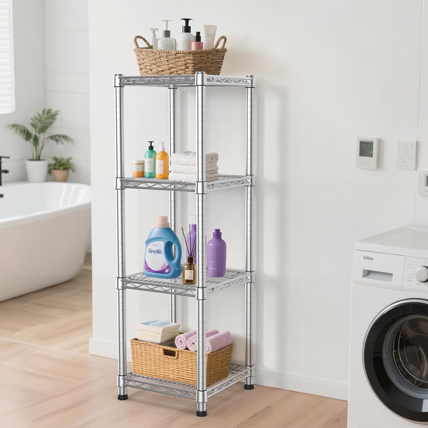 Metal Wire Shelving Unit Storage Shelves 4 Tier Adjustable Shelf Sturdy Steel Rack Standing Units Organizers organize for Laundry Bathroom Kitchen Closet Basement Garage Pantry Narrow Mesh Utility