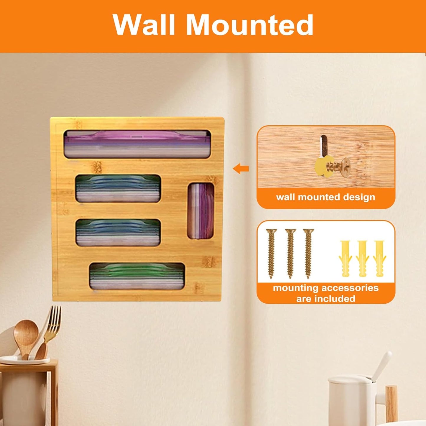 Plastic Bag Organizer for Drawer, Bamboo Food Storage Bags Container, Practical Accessories for Kitchen Organization, Compatible Gallon, Quart, Sandwich Snack, Natural (1 Box 5 Slots)
