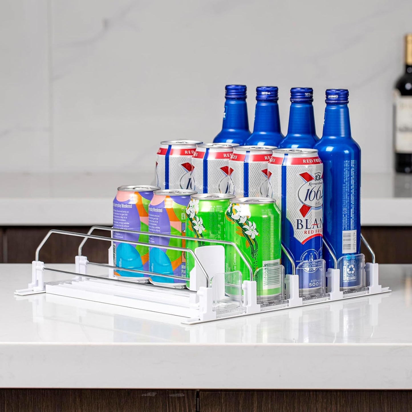 Rula Drink Organizer for Fridge, Self-Pushing Soda Can Dispenser for Mini Refrigerator, Width Adjustable Water Bottle Pusher Glide, White, 4 Rows,12.2” D