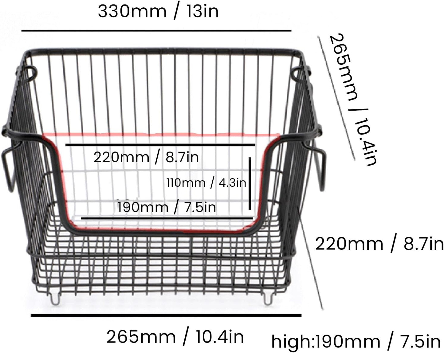 Tyenaza Freezer Organizer Bin Keep Tidy Metal Stackable Fruits Meat Wire Basket for Kitchen Home Use L Black