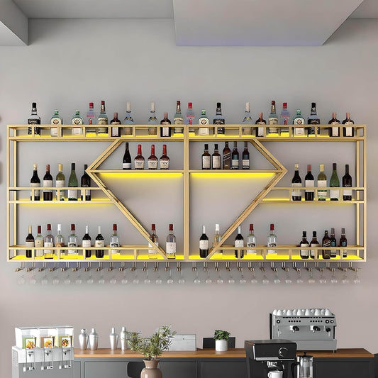 79in Large Wall Mounted Wine Rack 3 Tier Metal Wine Bottle Holder Modern Diamond Design Floating Bar Liquor Bottles Storage Rack for Home Restaurant Bar Decorative (Gold, 3 Tier - 79in)
