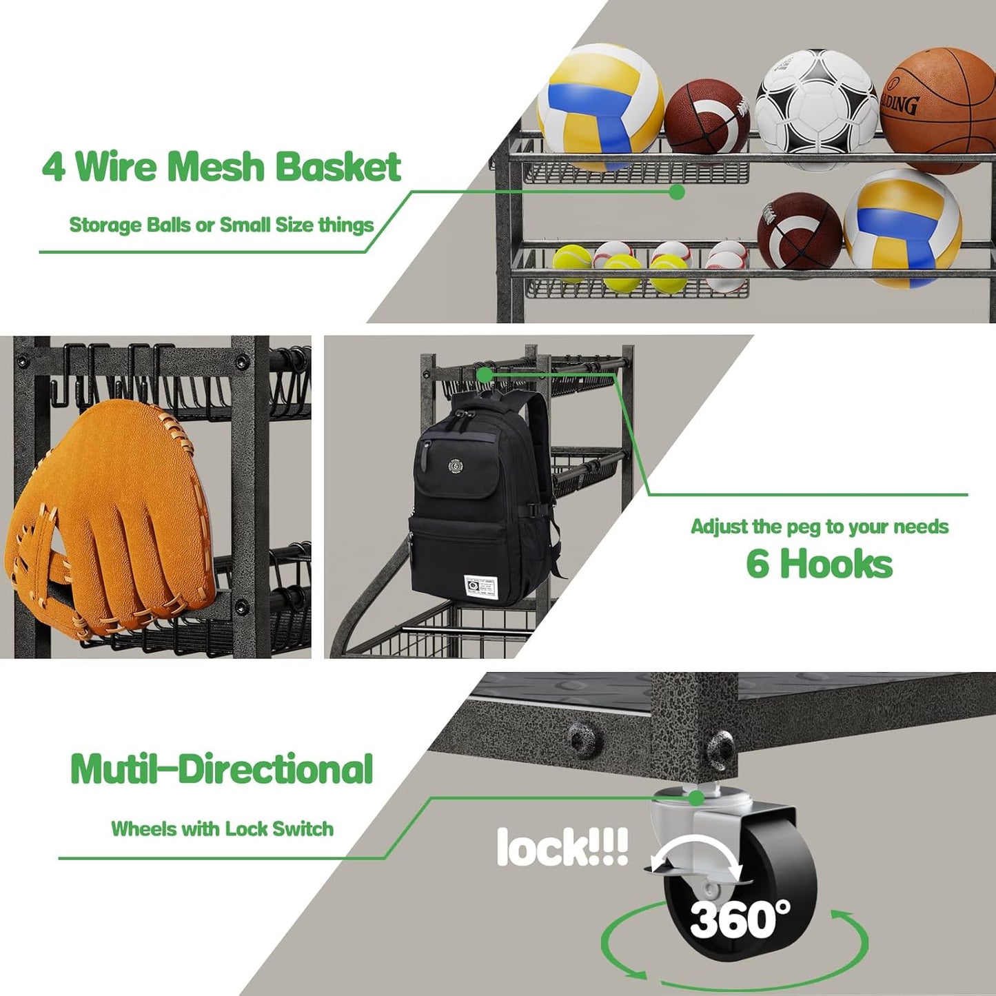 Garage Sports Equipment Organizer,Ball Storage With Four Baskets And Six Hooks,Sports Organizer For Garage,Heavy Duty Garage Organizer,Garage Storage,Garage Organization,Outdoor Toy Storage