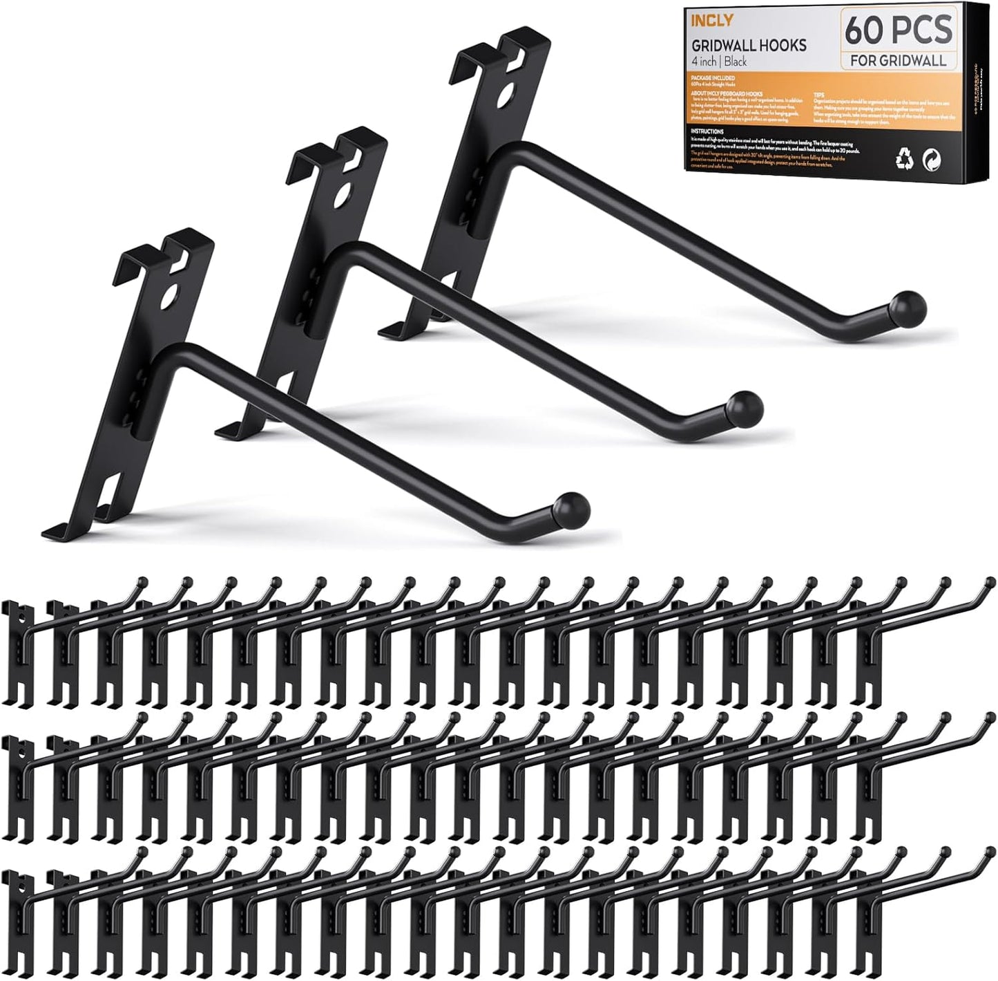 INCLY 4 Inch Gridwall Hooks, 60 Pack Heavy Duty Black Display Hooks for Grid Wall Panels, Gridwall Accessory for Storage Display Clothes in Retail Shop Garage