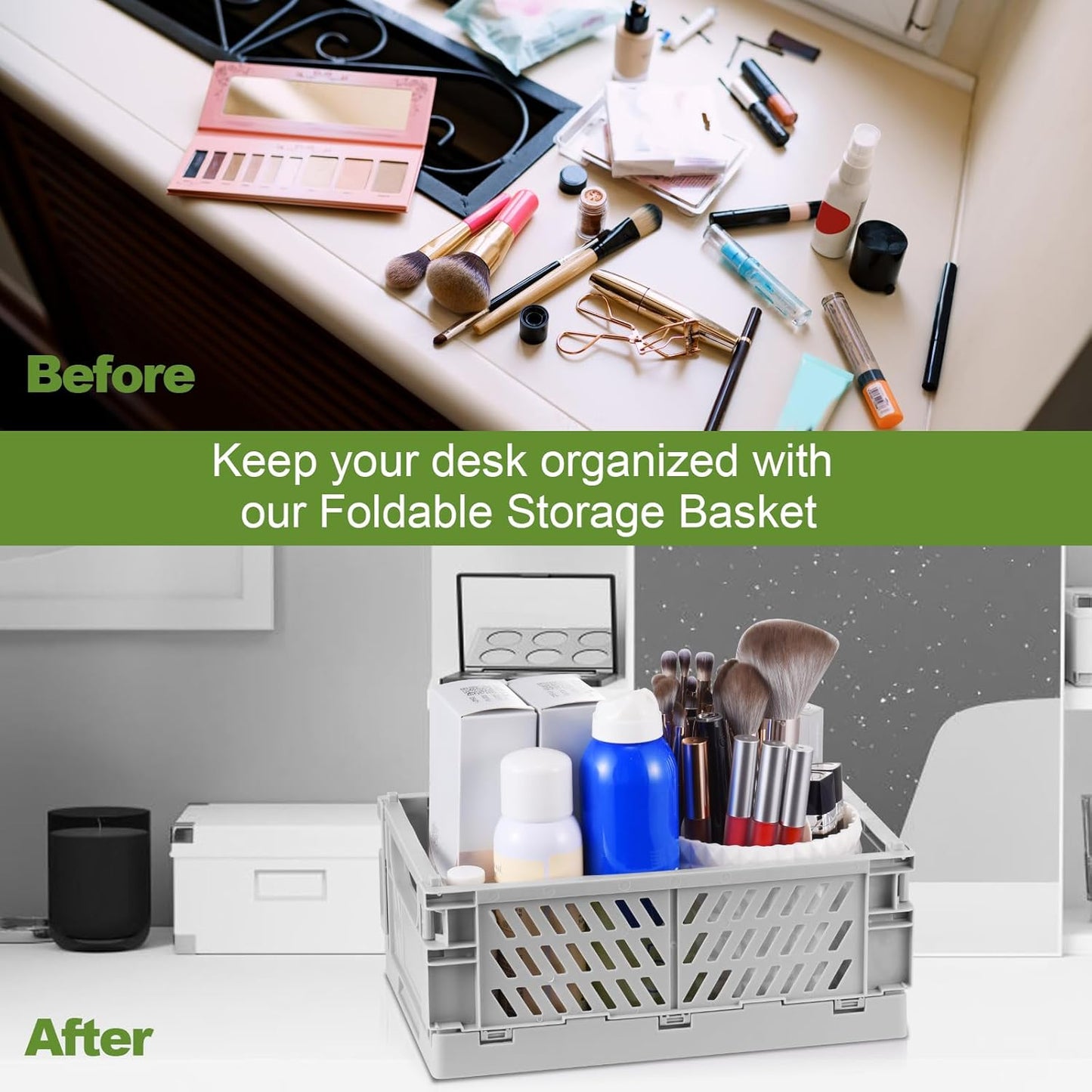 2-Pack Small Pastel Plastic Storage Baskets, Collapsible Crates for Organizing, Space-Saving Mini Bins for Classroom, Kitchen, Office, Bedroom (Green, 9.8" x 6.5" x 3.8")