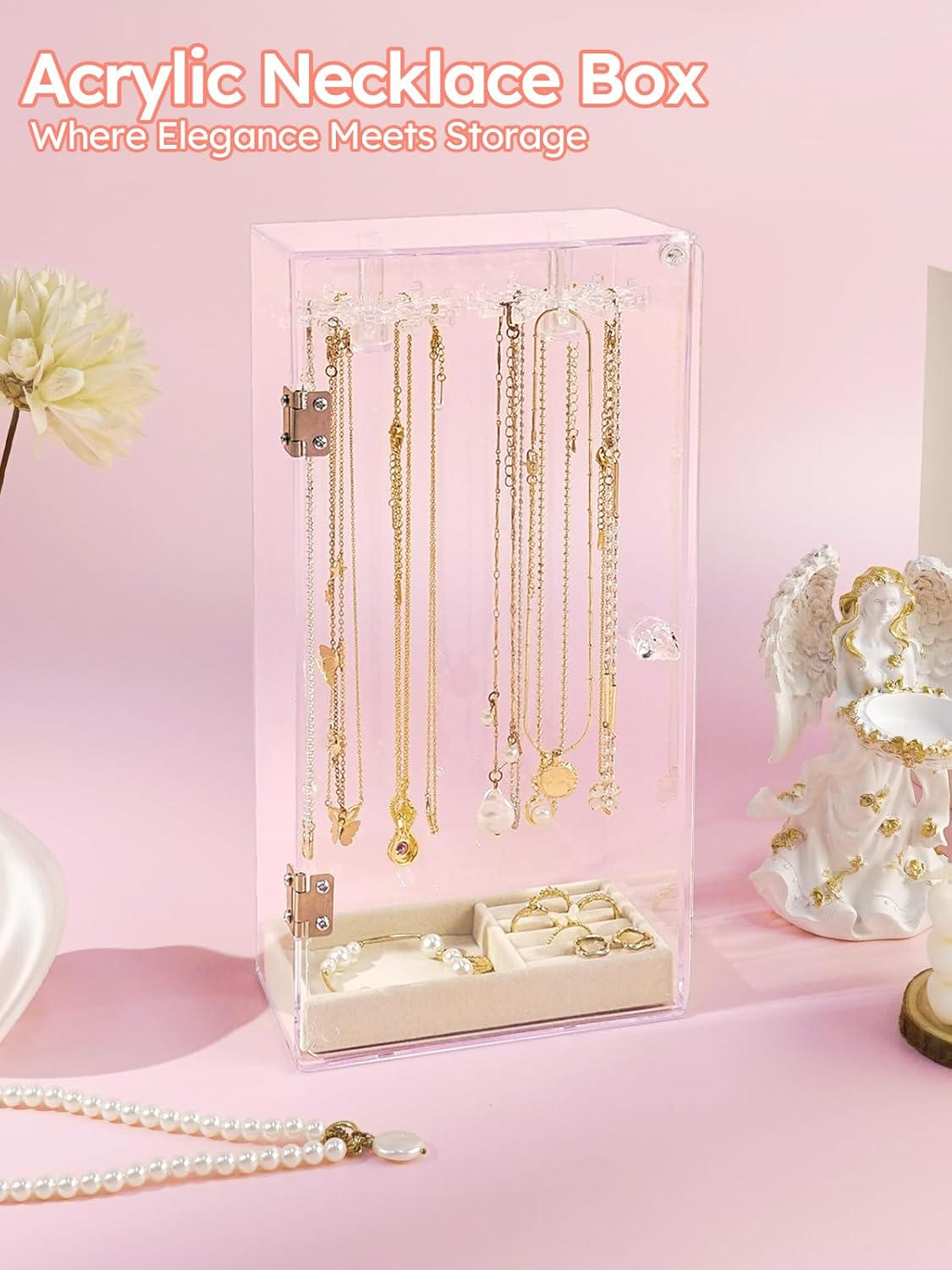 Cirhy Necklace Holder, Acrylic Necklace Organizer with 24 Rotating Hooks, Dust-Proof Jewelry Display Case for Necklaces, Pendants, Earrings, Rings, Enclosed Clear Storage Stand with Velvet Lined Tray