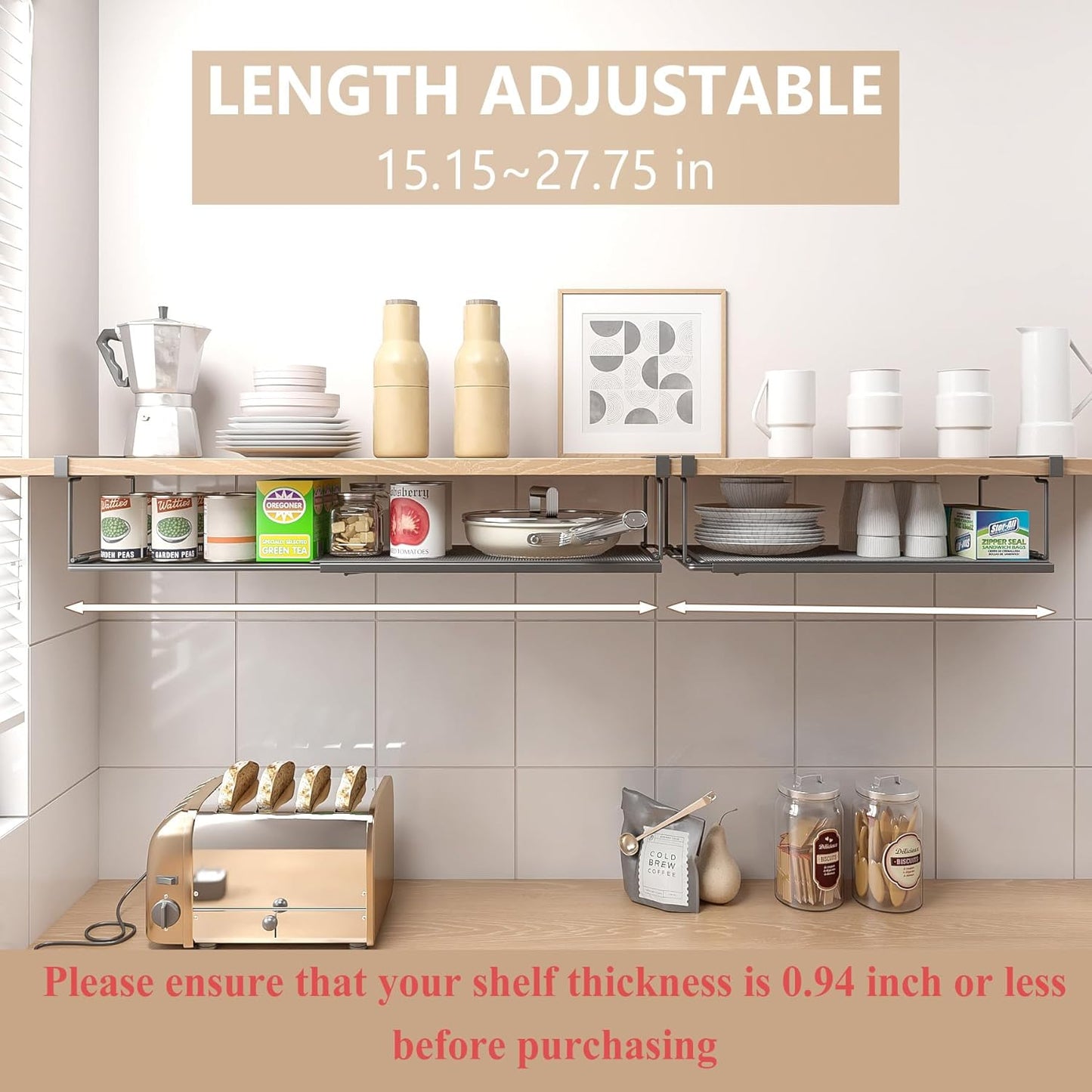 Expandable Under Cabinet Shelf, Extendable Under Shelf Storage with 0.94 Inches Thick Clips for Pantry Cabinet, Laundry Room, Shoe Rack. (Black, 2 Pack, Interior: 3.66" H x 8.26" D)
