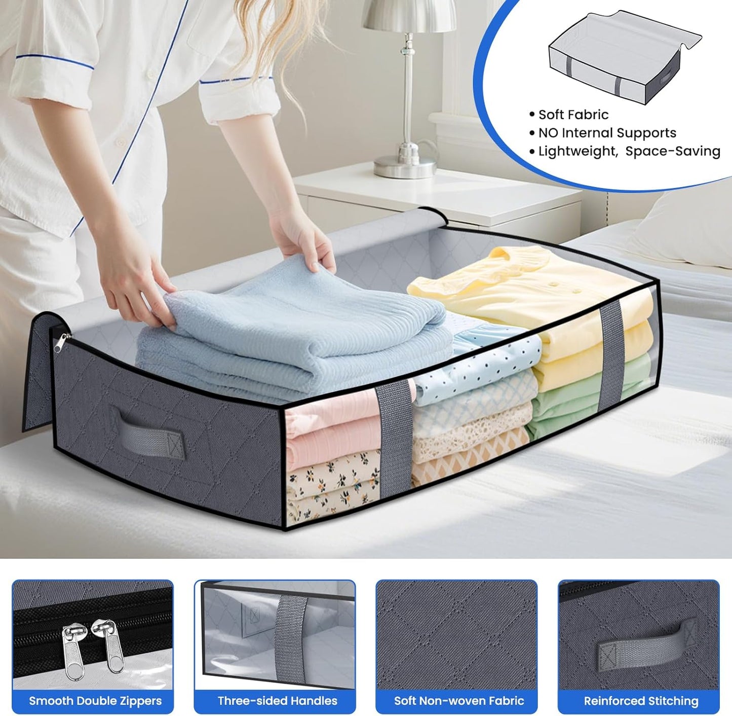 Under Bed Storage Containers, 6 Pack Blanket Storage Bags, Collapsible Storage Bags with Big Zippers, Clear Front, Shoe Storage and Organization for Clothes, Comforter, 60L, Grey