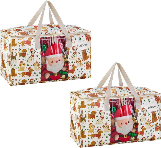 VENO 2 Pack Moving Bags, Large Christmas Storage Bins with lids, Packing Supplies for College, Alternative to Moving Boxes, Foldable, Heavy-Duty Tote, Christmas Pattern (Holiday Pups, 2 Pack)