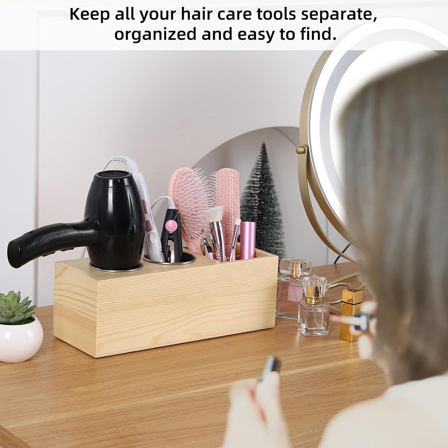Hair Dryer Countertop Holder, Hair Tool Organizer Wall Mount, Blow Dryer Holder Cabinet Door Organizer, Bathroom Countertop Blow Dryer Holder and Curling Iron Holder (Cedar Wood, Log color)