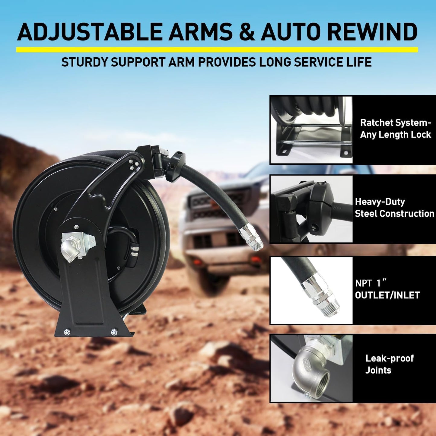 Fuel Hose Reel,1"X33' Retractable Ratchet Spring Driven Diesel Hose Reel,360 Rotating Fuel Hose Swivel,AUTO Fuel Nozzle,SS304 Elbow Pipe,Barb Fitting,300 PSI,Swivel Steel Construction Reel