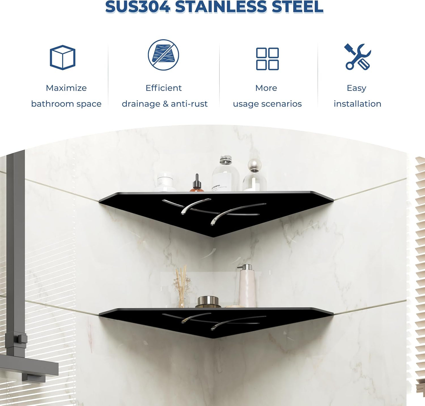 FerdY 2-Pack 10" Matte Black Recessed Corner Shower Shelf, for Tiled Bathroom Walls, Floating Shower Shelf, 304 Stainless Steel Shower Caddy Storage Shelves, No Drilling Required, Irregular Diamond