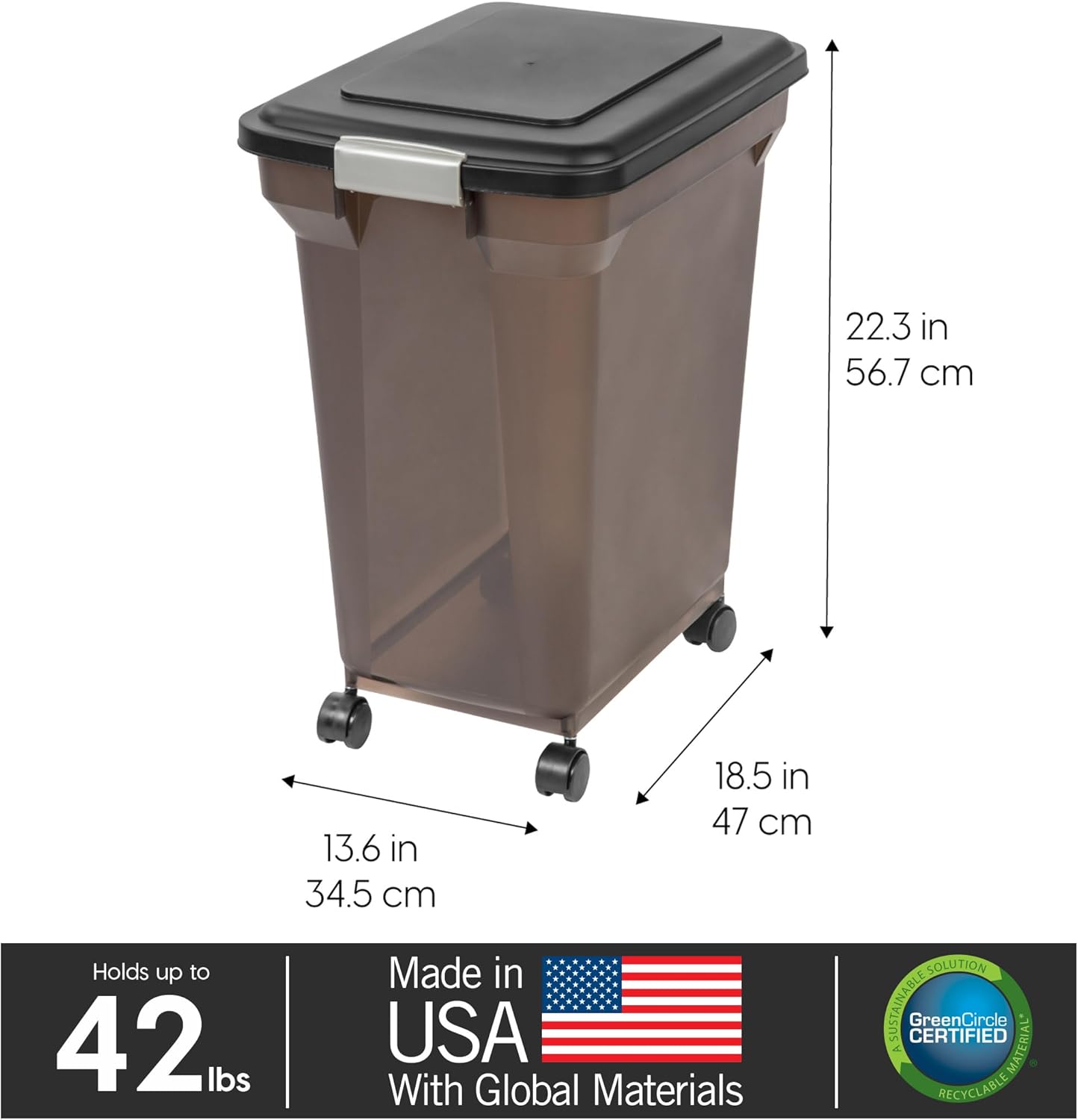 IRIS USA WeatherPro Airtight Dog Food Storage Container, Up to 22 lbs, Attachable Wheels, For Dog Cat Bird and Other Pet Food Storage Bin, Keep Fresh, Easy Mobility, BPA Free, Smoke