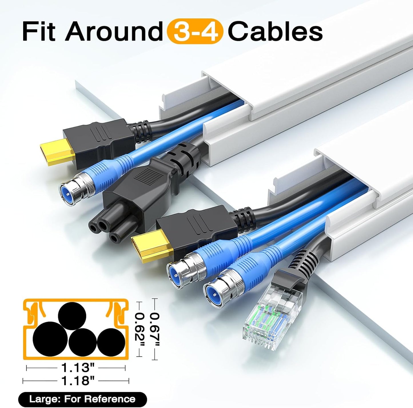 Delamu 56.7in Cord Hider, Wire Covers for 3-4 Cords on Wall, Premium Cable Hider Cord Covers for Wires, Paintable Cable Management Wire Hiders for TV, Cable Cover Raceway Kit, W1.18x H0.6in, White
