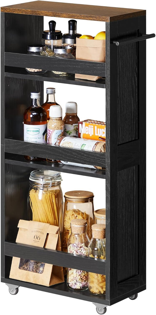 VASAGLE 4-Tier Slide-Out Storage Cart, Slim Kitchen Cart for Small Spaces, with Wheels, Handle, Bathroom, Laundry Room, 7.9 x 17 x 34.1 Inches, Ebony Black and Rustic Brown ULRC051K02