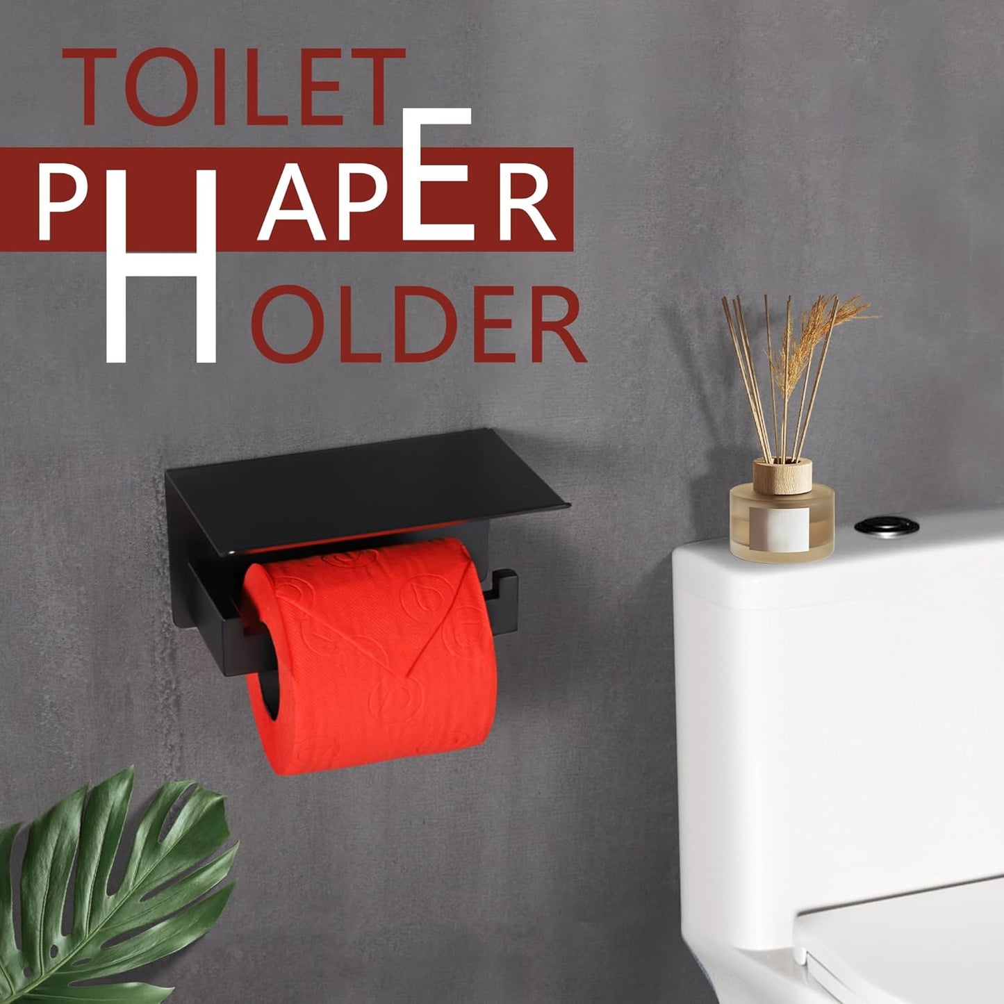 LANC Matte Black Toilet Paper Holder with Shelf Toilet Tissue Roll Holder with Phone Shelf for Bathroom Wall Mounted or Self-Adhesive Toilet Paper Roll Holder Stainless Steel, A8367MB