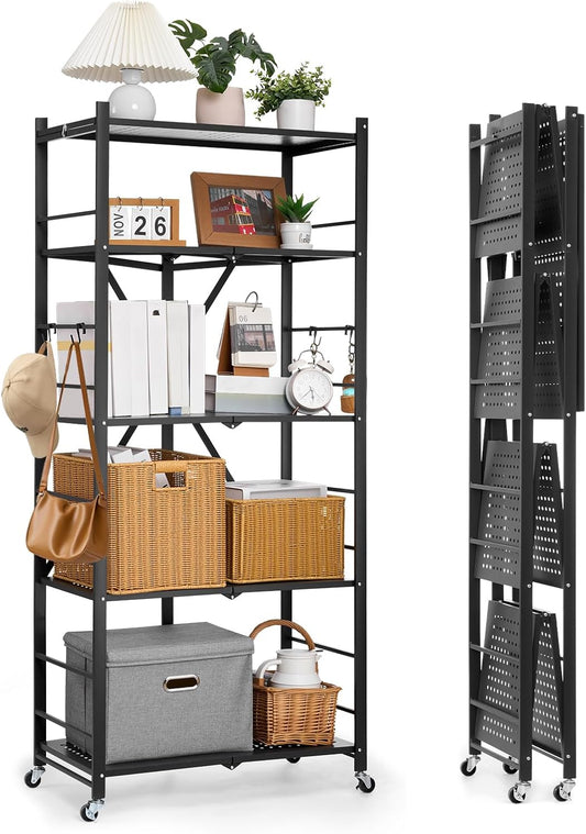 VEVOR 5-Tier Foldable Storage Shelf, 28W x 15D x 64H Inch Folding Metal Rack Shelving Unit, No Assembly Organizer Shelf with 5 Wheels & 4 Hooks for Pantry, Kitchen, Garage, Basement, Black