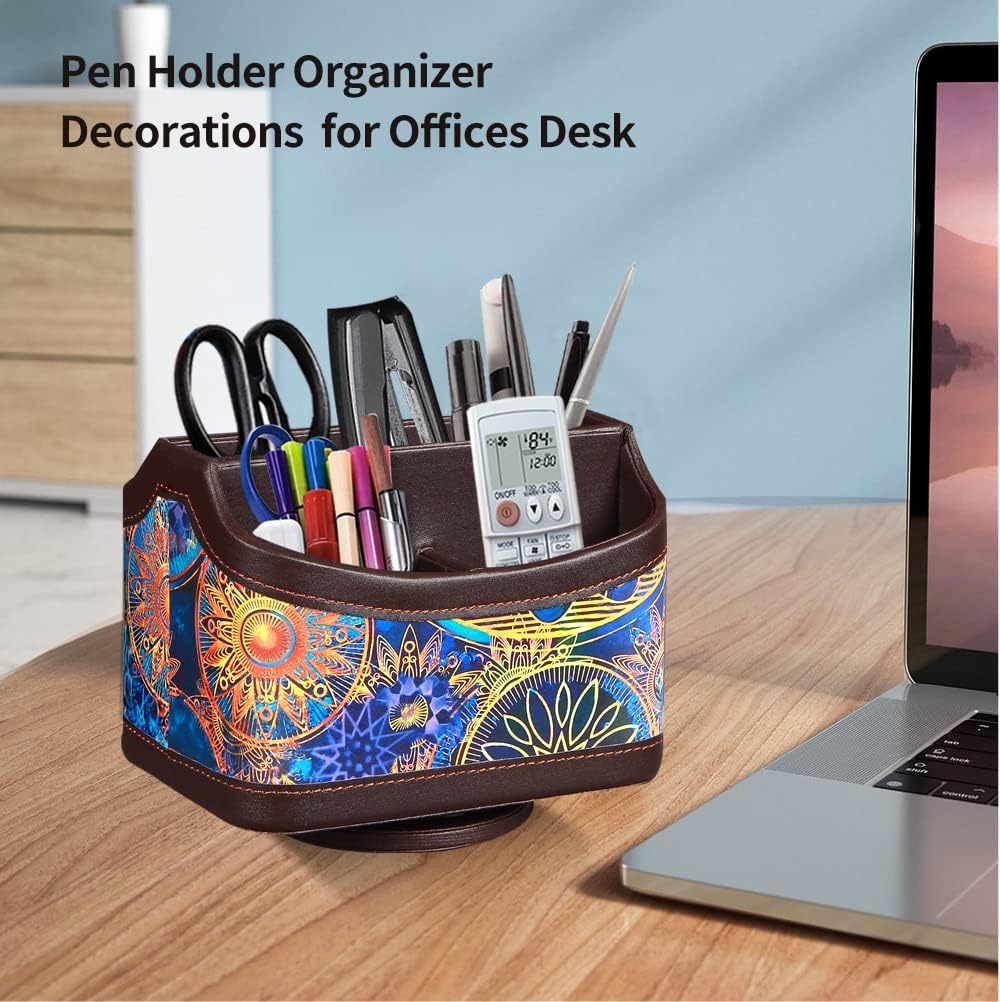PUSU 360°Rotatable Remote Control Holder, PU Leather TV Remote Holder Caddy for Table, Bright and Colorful Art Supply Organizer Pen Holder, Multi-Functional Desk Organizer Living Room Office Decor