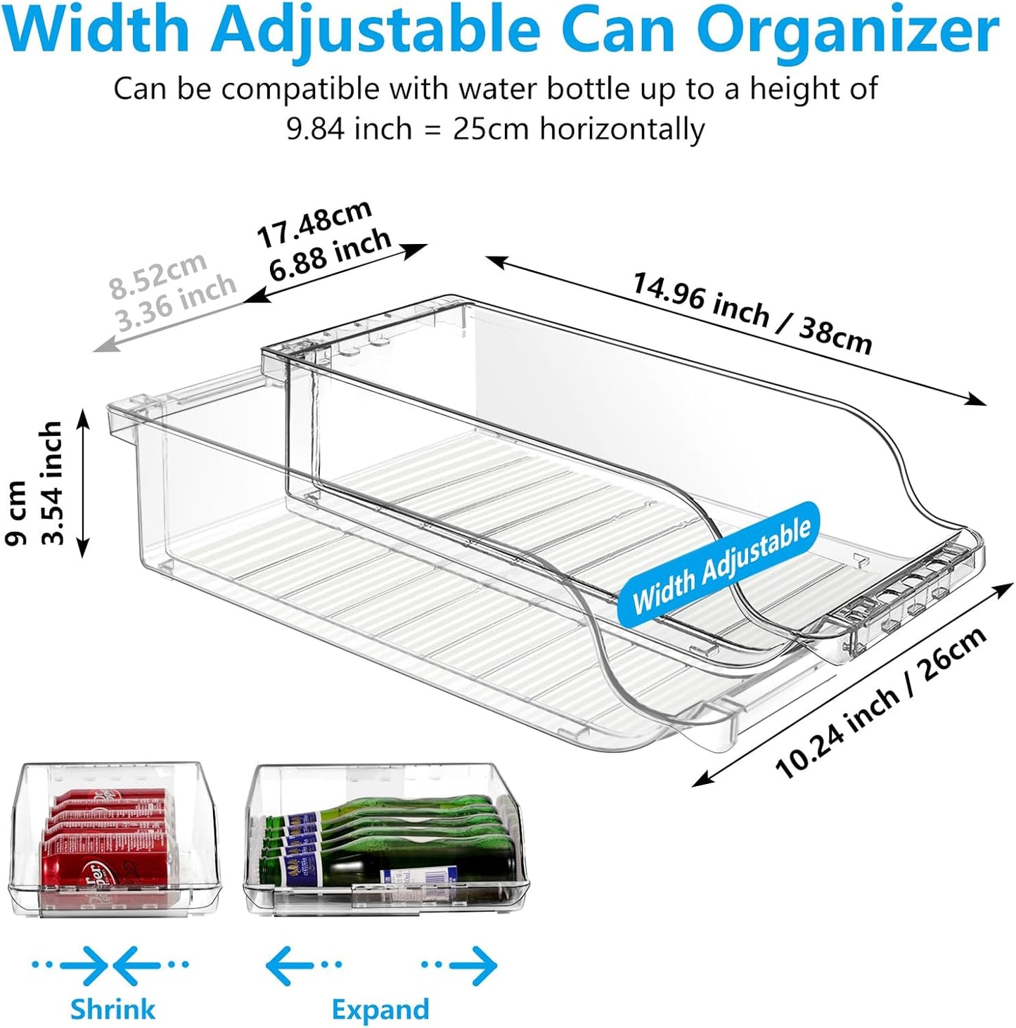 2 Packs Clear Width Adjustable Soda Can Organizer for Refrigerator Expandable Soda Can Dispenser for Beer Soda Seltzer Pop Can Soda Expand Organizer for Fridge Kitchen Pantry