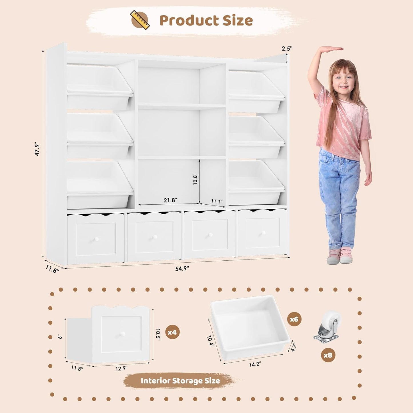 HITHOS 55" W Kids Toy Storage Organizer, Large Toy Box with Bookshelf, Toy Chest with 3 Cubes Storage Organizer, 6 Toy Organizers and Storage Bins, 4 Rolling Drawers for Kids Room, Playroom, White