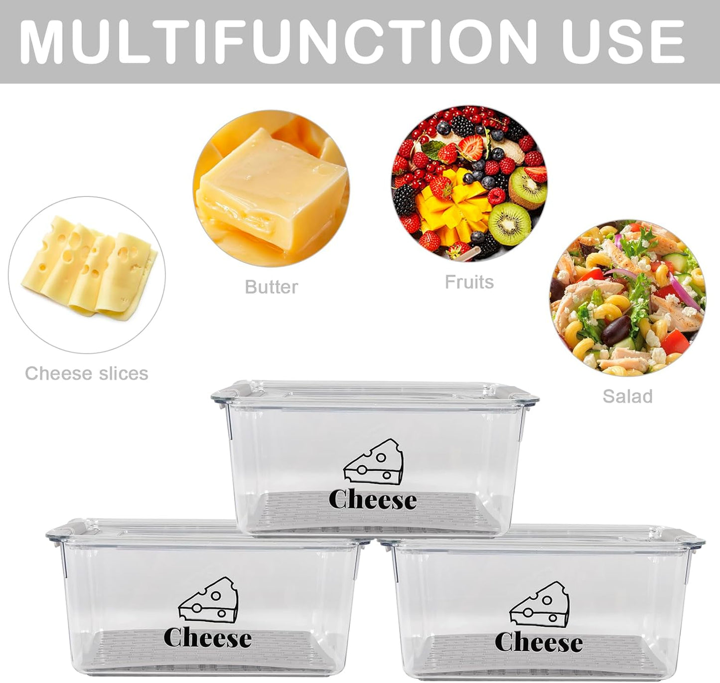 Cheese Holder Food Storage, Airtight Cheese Storage Box with Lid- Non Toxic, Lunch Meat Storage Sandwich Ham Cheeses Salami Sliced Turkey for Refrigerator to Keep Food Fresh,Clear-3Pack