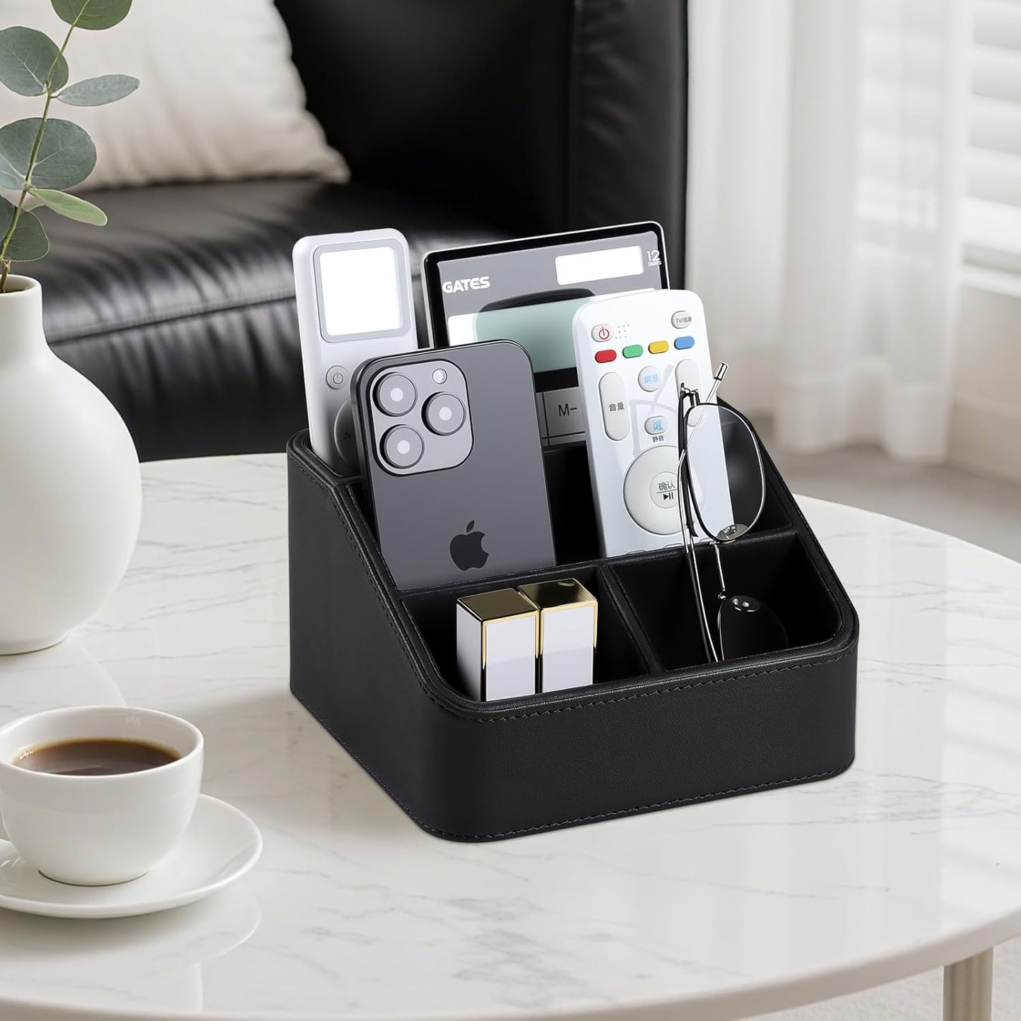 Remote Control Holder, PU Leather Small Desk Organizer with 4 Compartments, Nightstand Organizer Desk Caddy for Remote, Notepad, Phone, Glasses, and Accessories (Black)