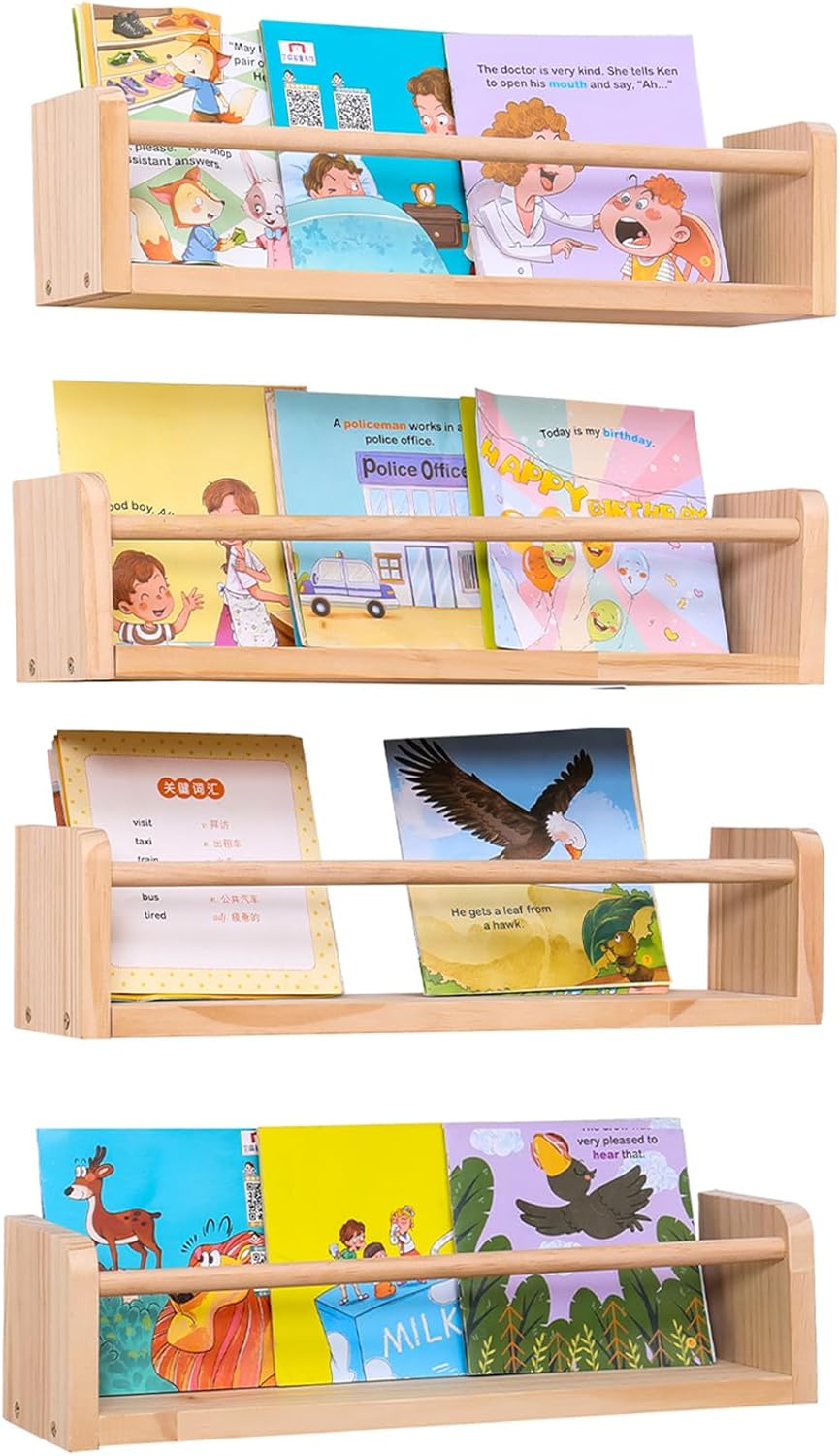 Set of 4 Wall-Mounted Kids Bookshelf - Pine Floating Nursery Book Shelves - Ideal for Nursery Shelf Decor ，Kids Room Toy Storage