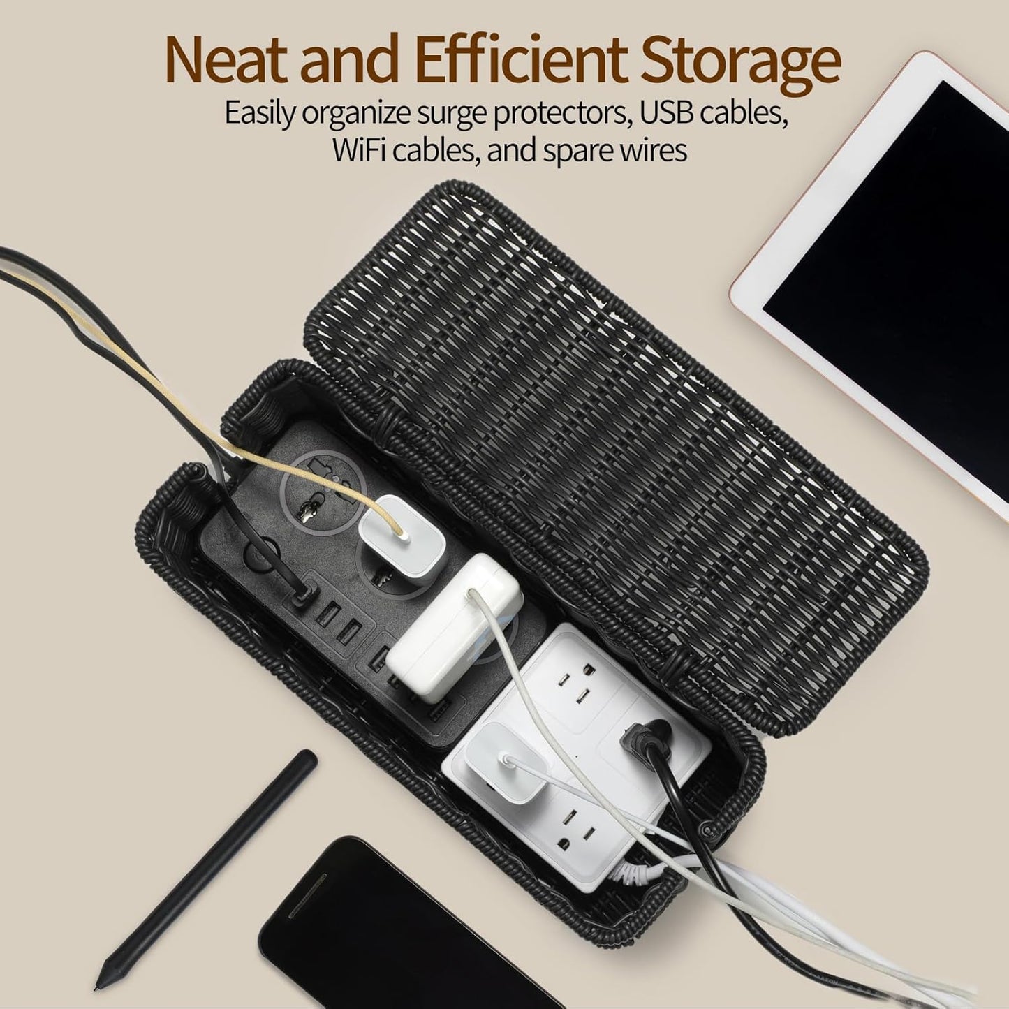 Delamu Handmade Rattan Small Cable Management Box, Cord Organizer with 2 Open Slots, Desk Cord Hider Box for Computer Router USB Hub Power Strip, 12.5" Lx 5.1" Wx 5.1" H, Black