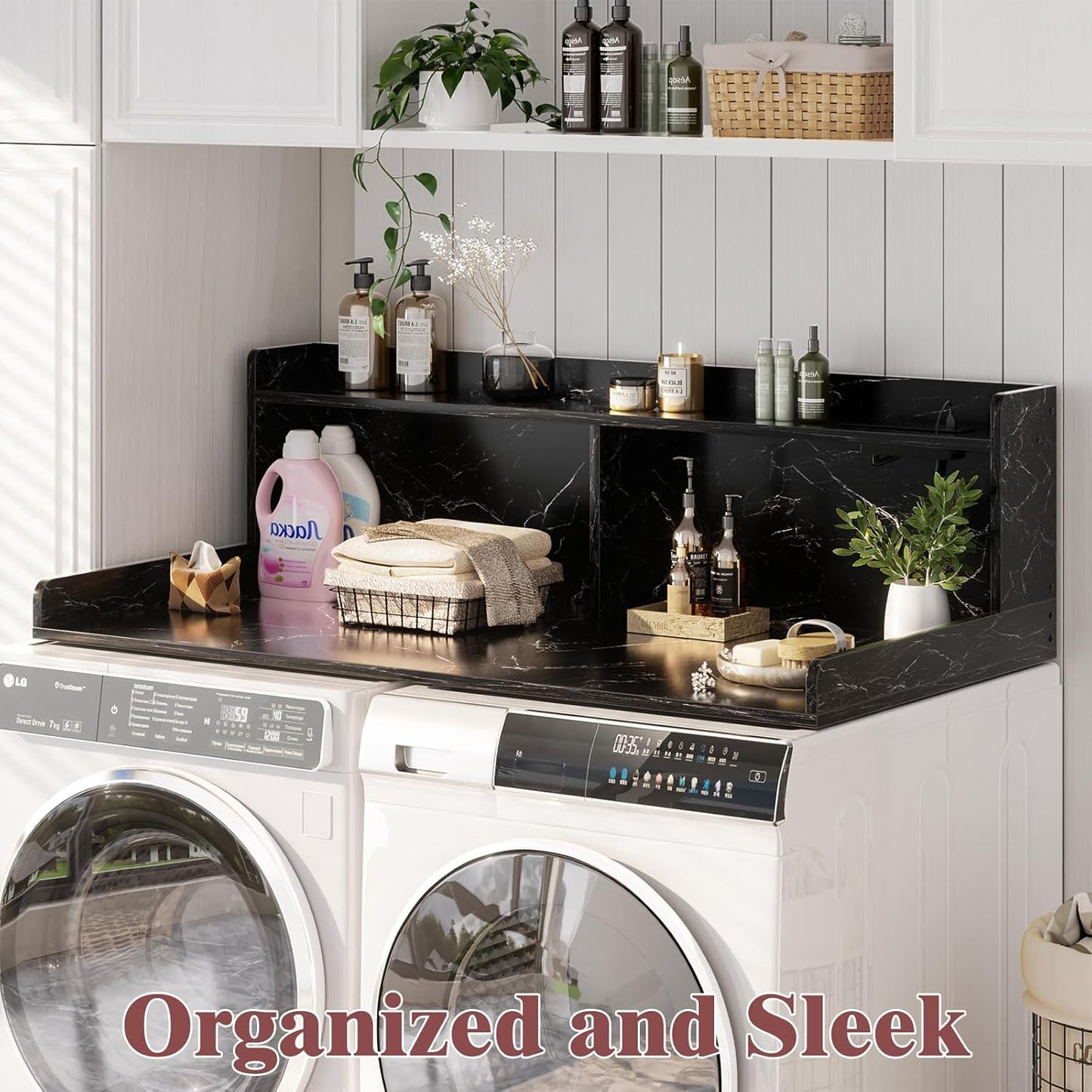 Aheaplus Washer and Dryer Countertop, 2-Tier Laundry Countertop Cover with LED Lights and Power Strip, Large Space Laundry Topper with Shelf for Laundry Room Organization, Black Marble