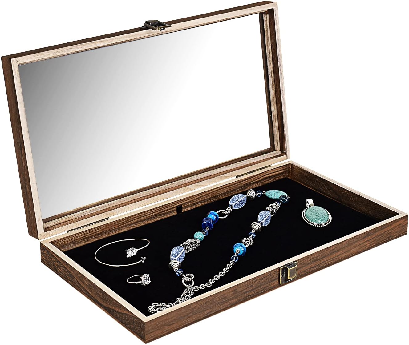 MOOCA Wooden Jewelry Display Case with Tempered Glass Lid and Removable Black Luxurious MDF Velvet Jewelry Display Pad, Pocket Knife Eyewear Case, Brown Color