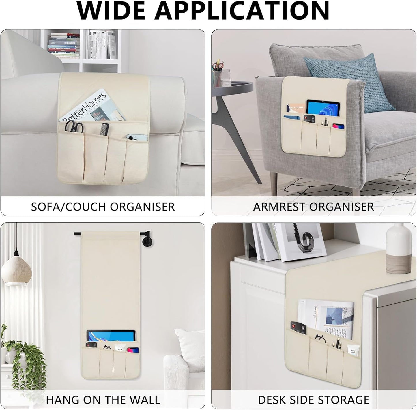 TV Remote Control Holder Couch Caddy, Non-slip Bedside Caddy Organizer with 5 Pockets for Key Glasses Phone Magazine Holders (Beige, 35"x12.4")