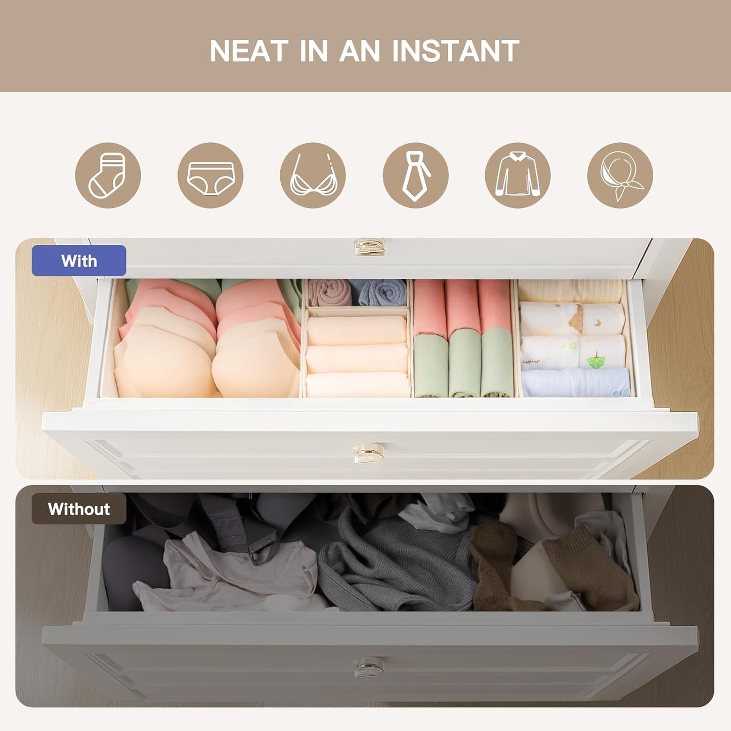 Criusia Drawer Organizer Clothes, 21 Pack Dresser Organizer for Baby Clothes, Underwear, Sock - Foldable Closet Organization and Storage Dividers Bins for Nursery, Bedroom (Beige)