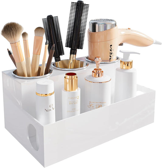 White Hair Tool Organizer Acrylic Hair Dryer and Styling Holder, Bathroom Countertop Blow Dryer Holder, Vanity Caddy Storage Stand for Accessories, Makeup, Toiletries