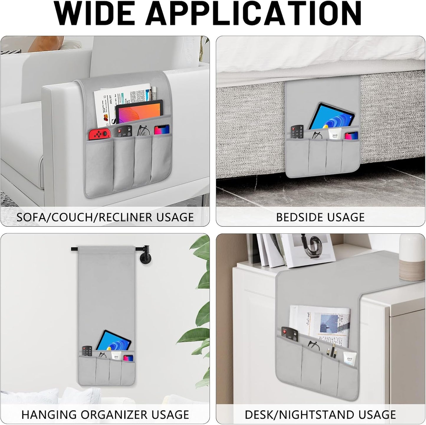 Remote Control Holder for Armchair, Couch Caddy Organizer TV Remote Holder for Bed Storage 5 Pockets, Remote Caddy Bedside Organizer Bedside Table Organizer (LightGray, 35"x12.4")