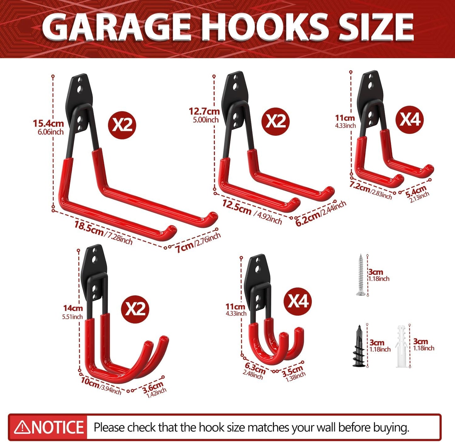 3-H Garage Wall Hooks 34 Pack, Garage Hooks Heavy Duty with Extra Welding Spots, Garage Organizer for Garden, Lawn, Chairs, Ladders, WeedEater, Shovel (Red)