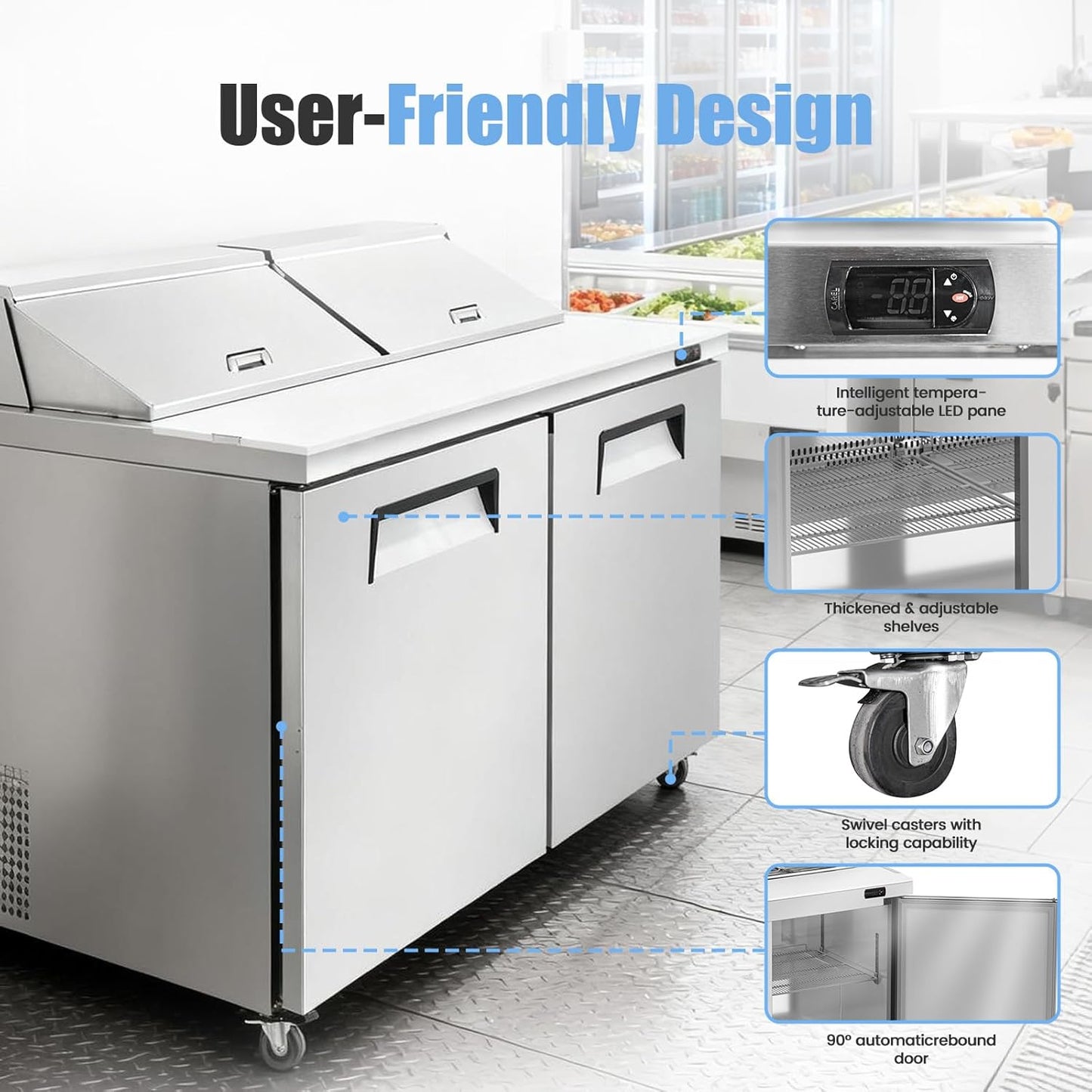 60" W Commercial Refrigerator Sandwich Salad Prep Table, Stainless Steel 2-Door Sandwich Prep Table Refrigerator, Counter Fan Cooling Refrigerator with 24 Pans for Restaurant, Bar