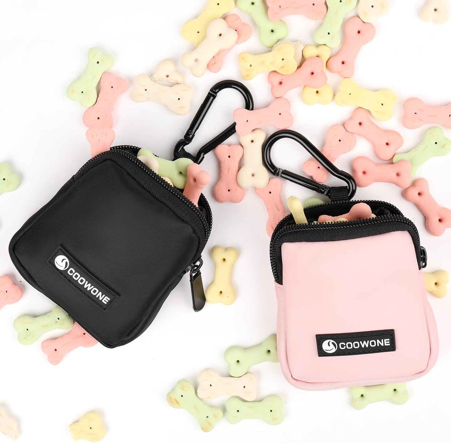COOWONE Dog Treat Pouch 2 Pack, Waterproof, Zipper Closure, Hands Free, Black+Pink
