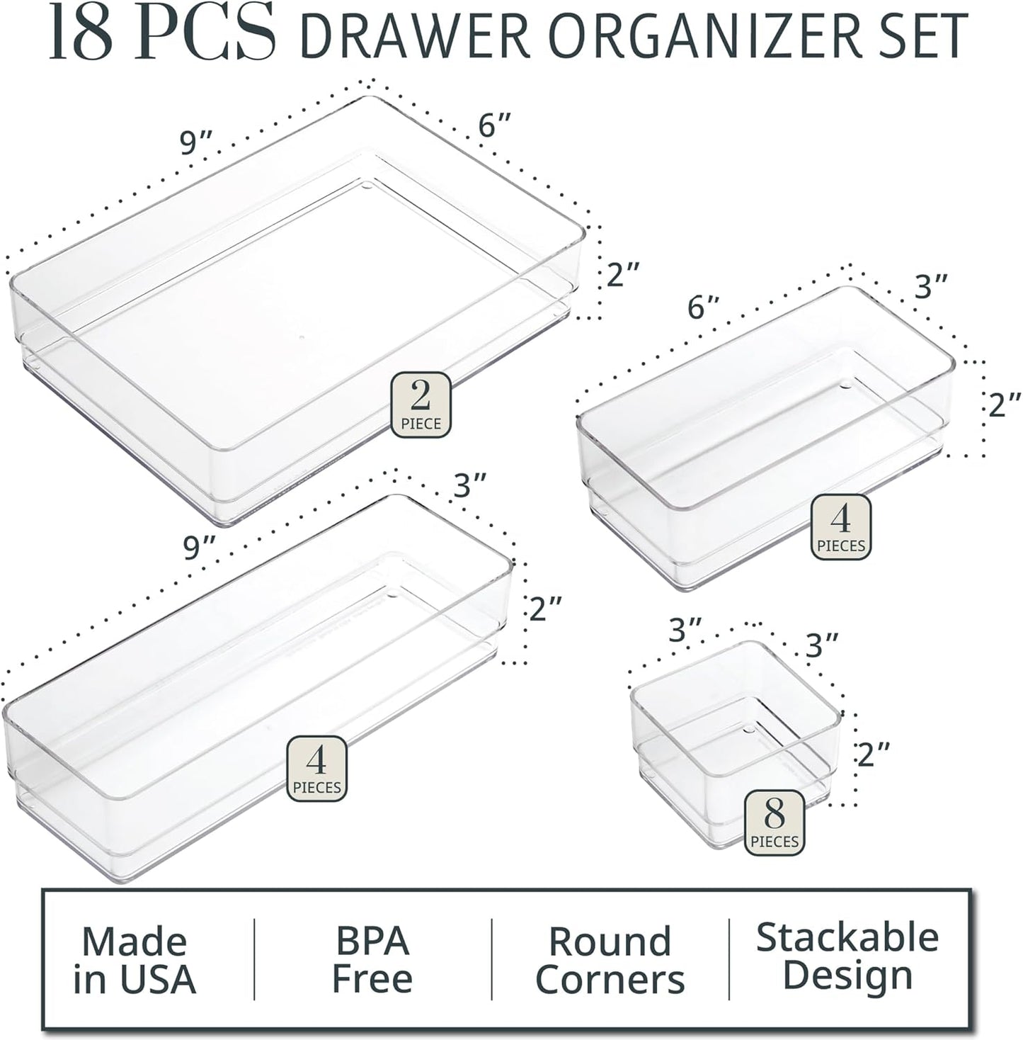 STORi SimpleSort 18-Piece Stackable Clear Drawer Organizer Set | Multi-size Trays | Makeup Vanity Storage Bins and Office Desk Drawer Dividers | Made in USA