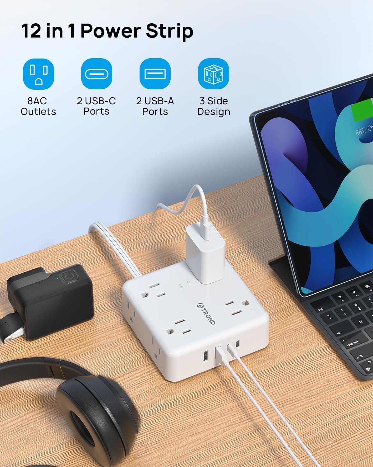 TROND 5ft Flat Extension Cord with 2 USB C, Ultra Thin Flat Plug Power Strip, 8 Widely Outlets and 4 USB Ports, 1700J Surge Protector, Extension Cord for Office, Travel, Home, White