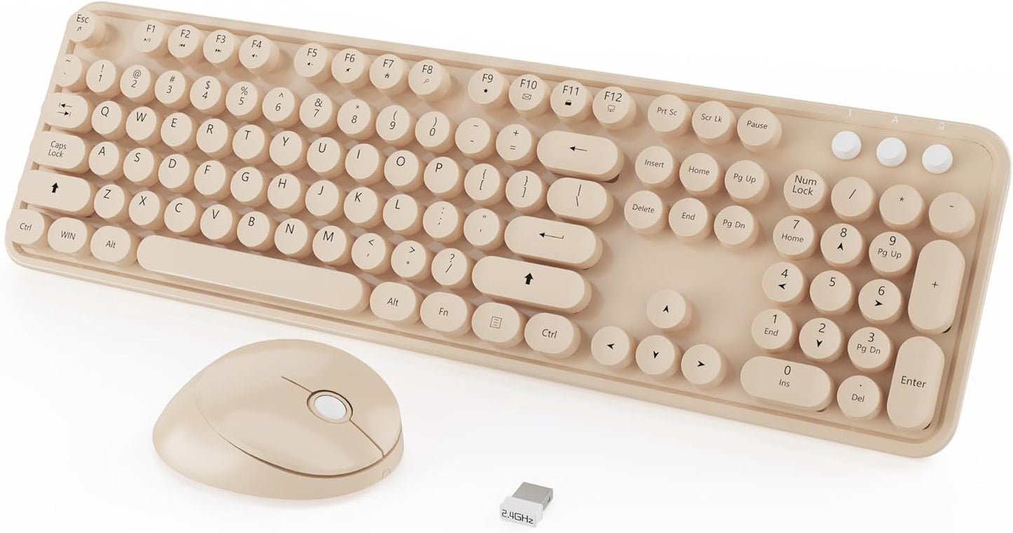 Kootop Wireless Keyboard and Mouse Combo, Cute Colorful 104 Keys Typewriter Retro Round Keycaps Keyboard for PC Laptop,Desktop,Windows, Home and Office Keyboards Coffee