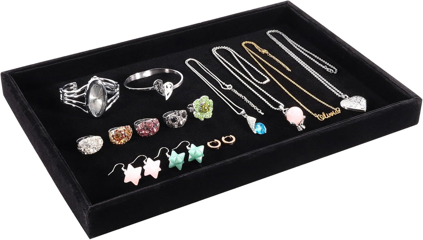 Mornajina 13.8" x 9.5" Velvet Jewelry Tray Jewelry Display Tray, Stackable Empty Plate Trays for Earrings Necklaces Bracelet Rings Display Showcase - Black