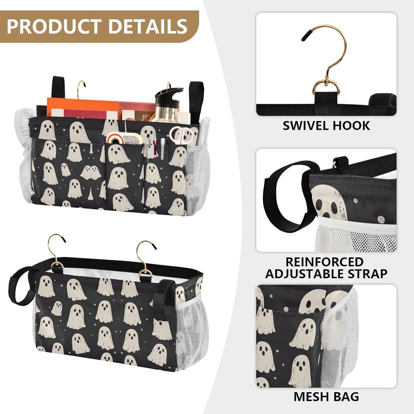 Cute Halloween Ghost Blacck Bedside Caddy for Dorm Bed Bedside Hanging Caddy Bag Iron Frame Storage Organizer Pocket for Bunk Home College Hospital Beds 2 Hooks