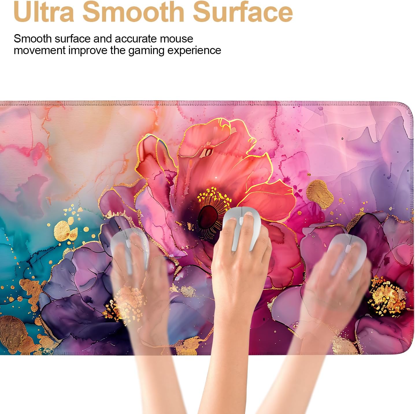 Large Mouse Pad, Floral Ink Desk Mat, Extended Gaming Mouse Pad with Non-Slip Rubber Base, Thick 3mm Smooth Surface Keyboard Mat for Office & Home，35.5 x 15.8 in